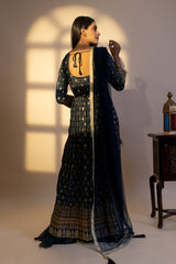 Navy Blue Muslin Floor Length Readymade Sharara Set With Net Dupatta