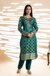 Bottle Green Banarasi Silk Readymade Suit And Pant With Chinon Dupatta