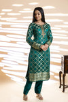 Bottle Green Banarasi Silk Readymade Suit And Pant With Chinon Dupatta