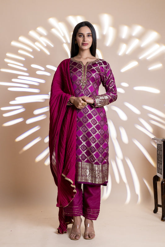 Garnet Banarasi Silk Readymade Suit With Chinon Dupatta