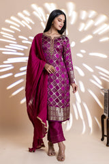 Garnet Banarasi Silk Readymade Suit With Chinon Dupatta