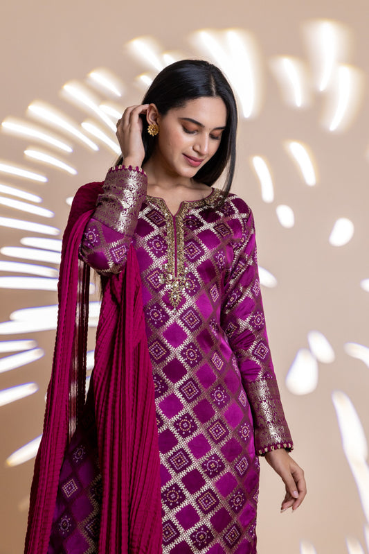 Garnet Banarasi Silk Readymade Suit With Chinon Dupatta