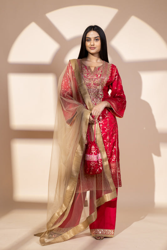 Red Dolna Readymade Suit And Net Dupatta With Potli