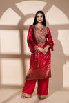 Red Dolna Readymade Suit And Net Dupatta With Potli