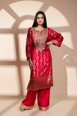 Red Dolna Readymade Suit And Net Dupatta With Potli