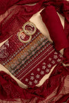 Maroon Cotton Tussar Unstitched Suit With Chiffon Dupatta