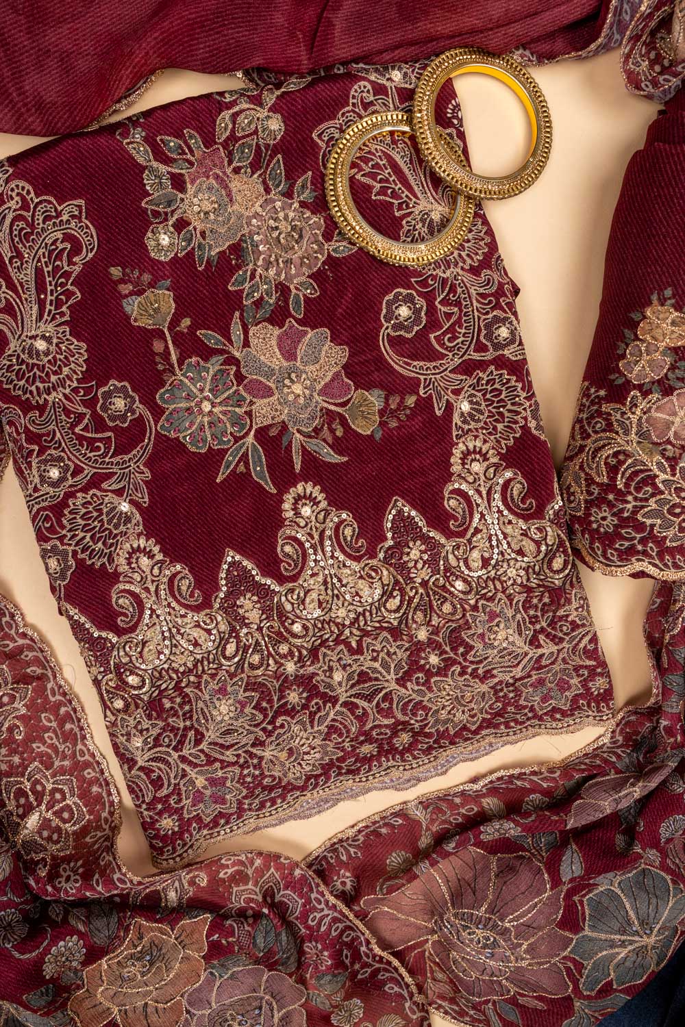 Garnet Crepe Unstitched Suit With Chinon Dupatta