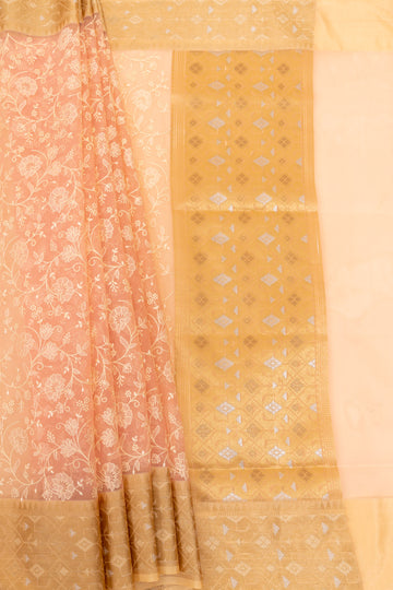 Peach Organza Embellished Saree With Unstitched Blouse