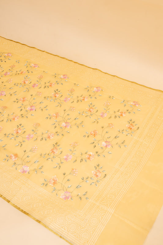 Mango Gold Organza Embroidered Saree With Unstitched Blouse