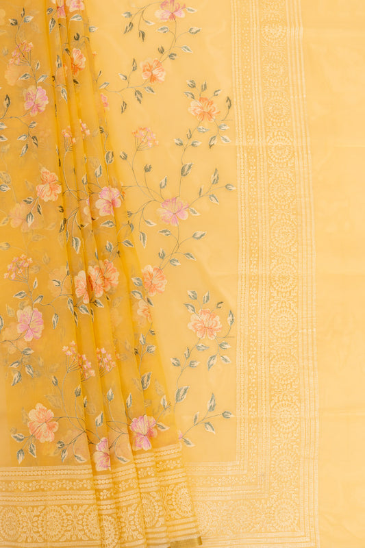 Mango Gold Organza Embroidered Saree With Unstitched Blouse