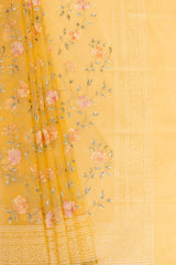 Mango Gold Organza Embroidered Saree With Unstitched Blouse