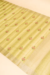 Pista Cotton Banarasi Woven Zari Saree With Unstitched Blouse