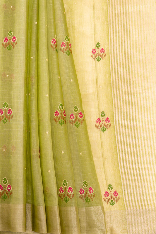 Pista Cotton Banarasi Woven Zari Saree With Unstitched Blouse