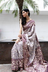 Grey Dolna Silk Digital Print Saree With Unstitched Blouse