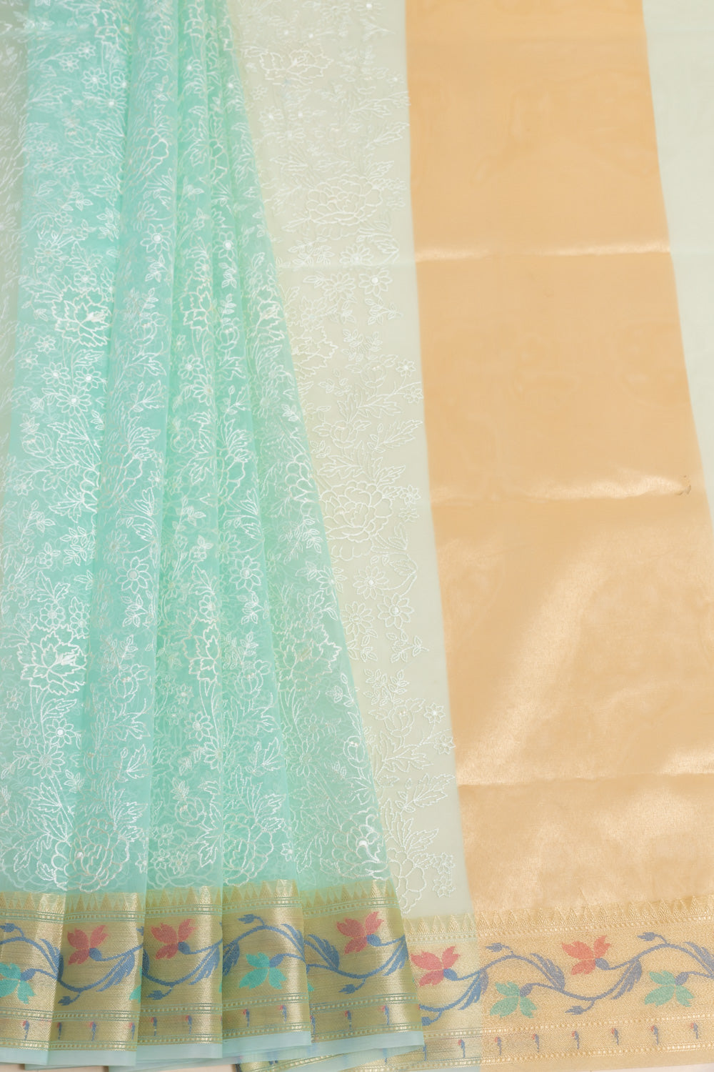 Tea-green Organza Embroidered Saree With Unstitched Blouse