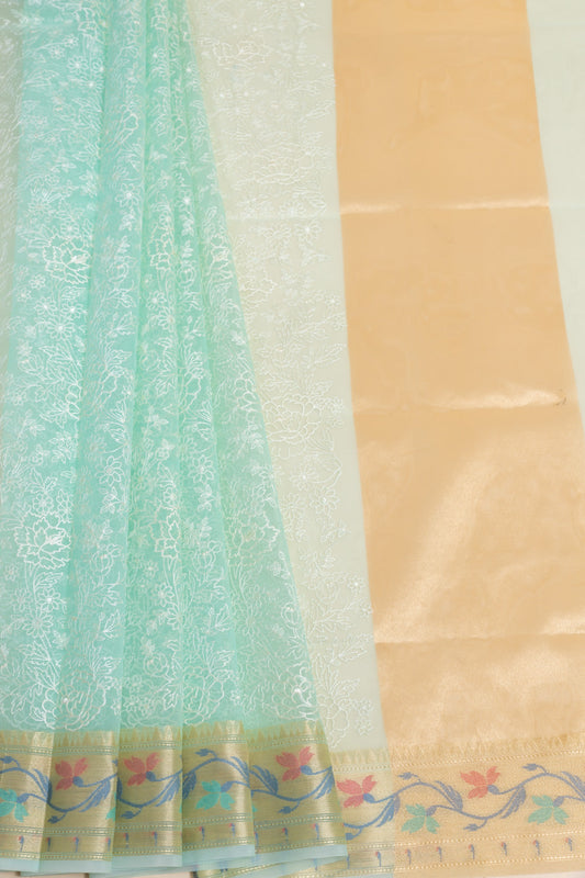 Tea-green Organza Embroidered Saree With Unstitched Blouse