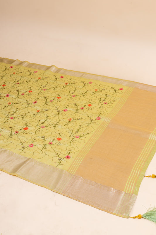 Pista Tussar Embroidered Saree With Unstitched Blouse