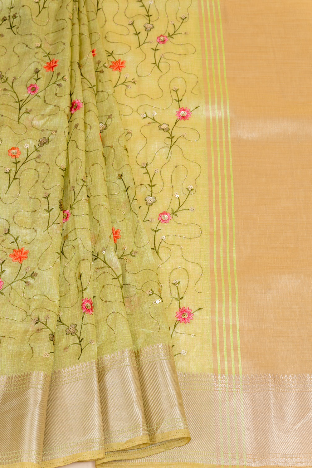 Pista Tussar Embroidered Saree With Unstitched Blouse