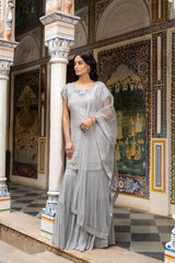 Grey Georgette Readymade Sharara Set With Net Dupatta