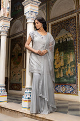 Grey Georgette Readymade Sharara Set With Net Dupatta