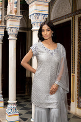 Grey Georgette Readymade Sharara Set With Net Dupatta