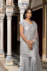 Grey Georgette Readymade Sharara Set With Net Dupatta