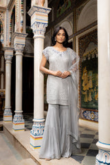 Grey Georgette Readymade Sharara Set With Net Dupatta