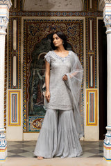 Grey Georgette Readymade Sharara Set With Net Dupatta