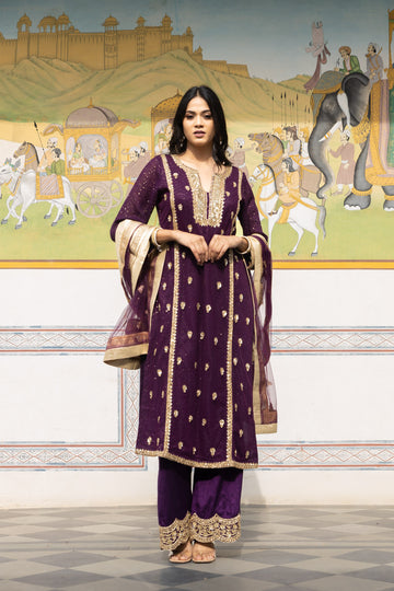 Wine Georgette Readymade Suit With Net Dupatta