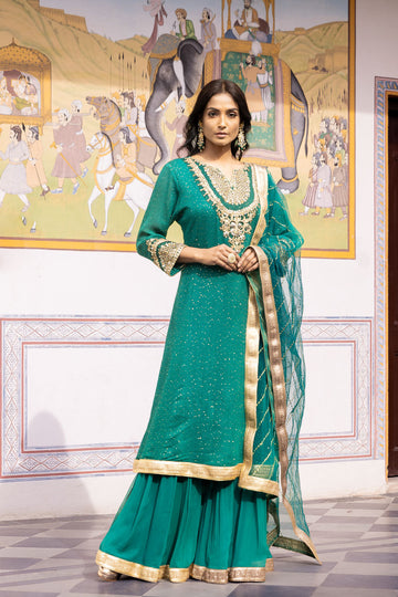 Rama Georgette Readymade Sharara Set With Net Dupatta