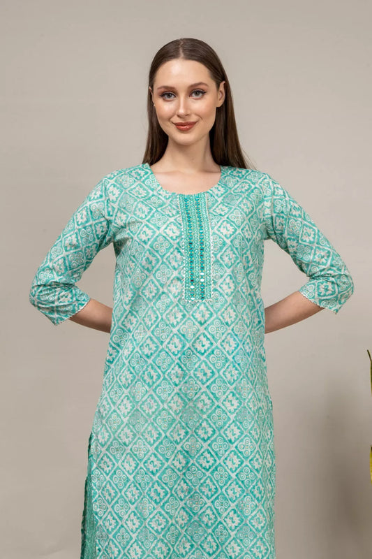 Tea-green Digital Printed Cotton Kurti With Pant