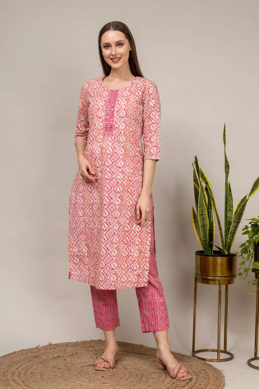 Pink Digital Printed Cotton Readymade Suit With Pant