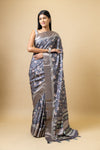 Grey Tussar Floral Print Saree With Zari Border With Unstitched Blouse