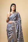 Grey Tussar Floral Print Saree With Zari Border With Unstitched Blouse