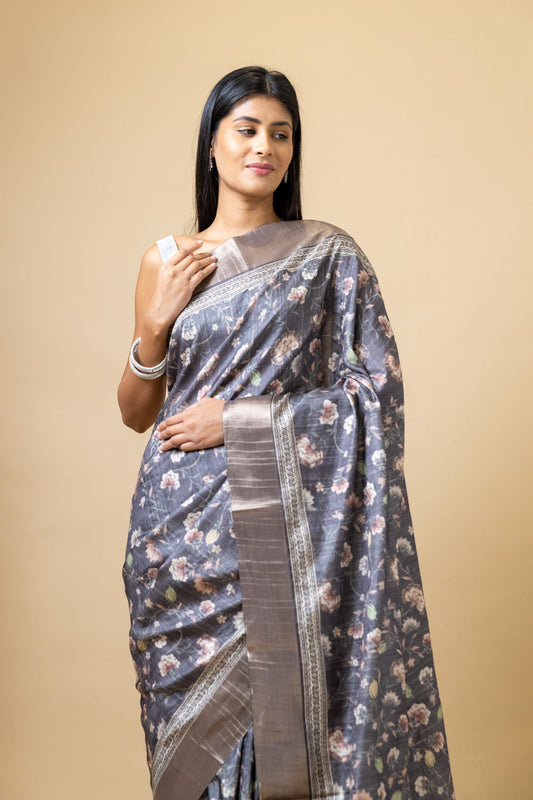 Grey Tussar Floral Print Saree With Zari Border With Unstitched Blouse