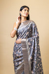 Grey Tussar Floral Print Saree With Zari Border With Unstitched Blouse