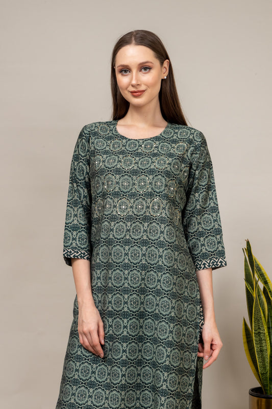 Bottle Green Digital Printed Muslin Kurti With Pant