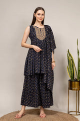 Blue Muslin Kurti And Sharara With Muslin Dupatta