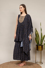 Blue Muslin Kurti And Sharara With Muslin Dupatta