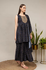 Blue Muslin Kurti And Sharara With Muslin Dupatta