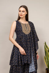 Blue Muslin Kurti And Sharara With Muslin Dupatta