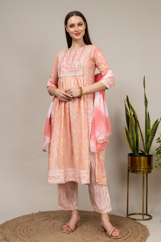 Peach Cotton Readymade Suit And Pant With Chiffon Dupatta