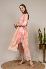 Peach Cotton Kurti And Pant With Chiffon Dupatta