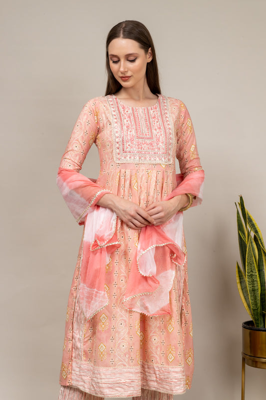 Peach Cotton Readymade Suit And Pant With Chiffon Dupatta