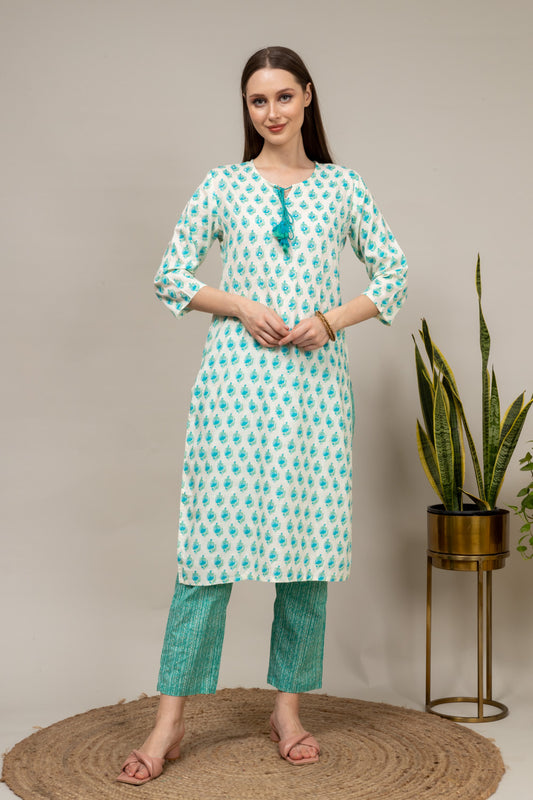 White Floral Printed Cotton Readymade Long Kurta