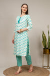 White Floral Printed Cotton Readymade Long Kurta