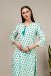 White Floral Printed Cotton Readymade Long Kurta