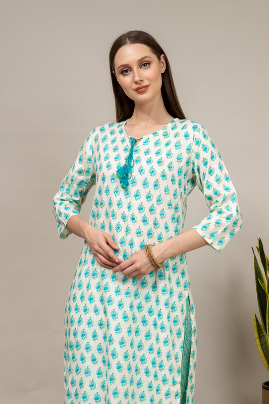 White Floral Printed Cotton Long Kurta