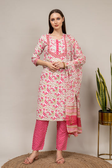 Off White Cotton Readymade Suit And Pant With Cotton Dupatta