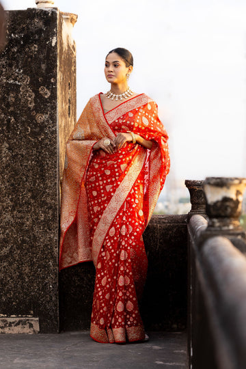 Red Organza Sequence Swarovski Saree With Unstitched Blouse(Ft:-Sunitha Scharma)